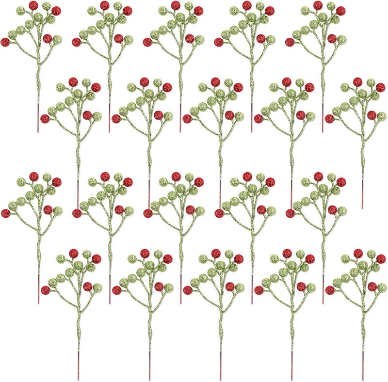 Fangoo 20 Pack 7 Inch Artificial Green Red Berry Picks for Christmas Tree Burgundy Green Red Berries Stems Holly Berry Branches Ornaments Wreath Crafts Wedding Holiday Season Winter Home Decor - Image 1